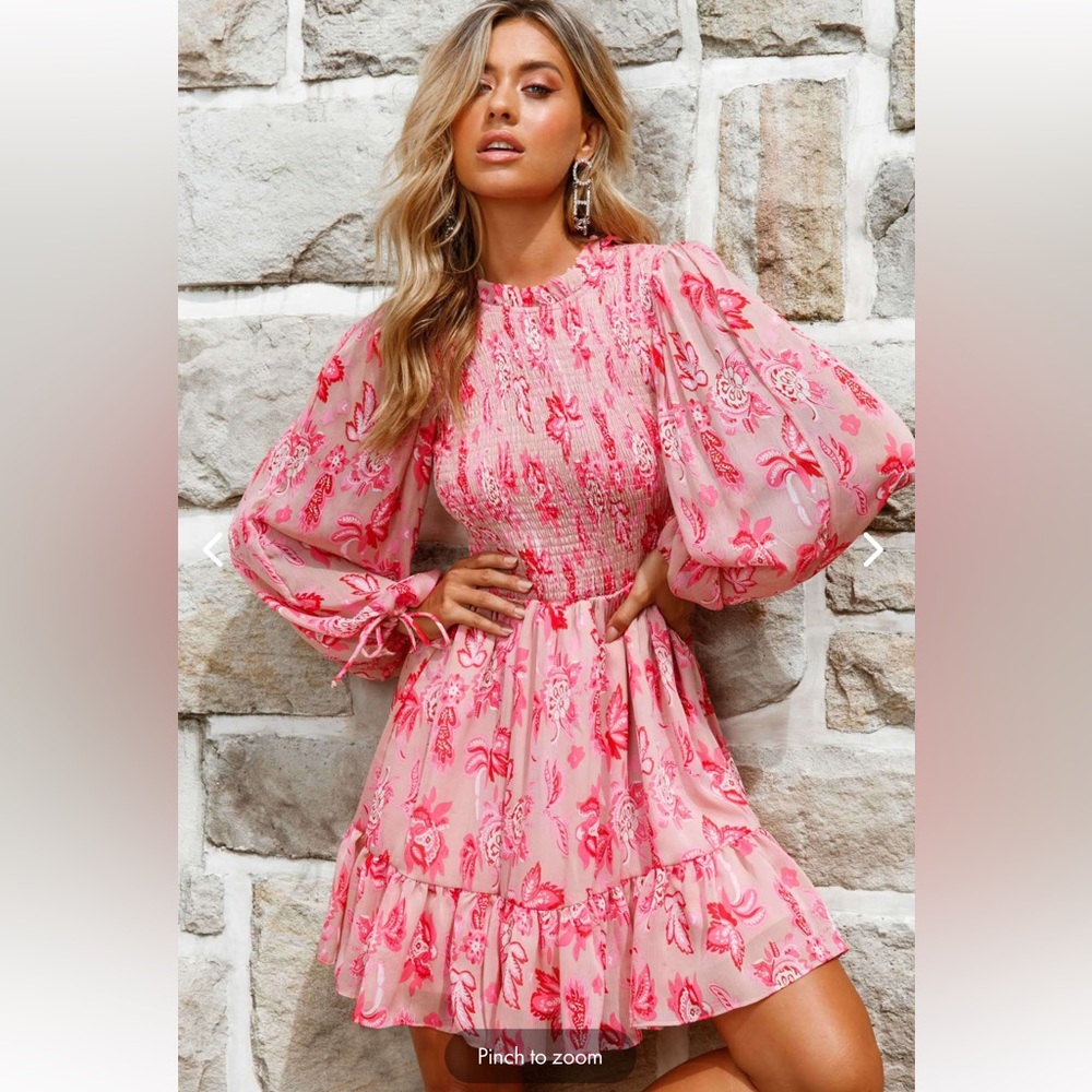 Selfie Leslie Marja Long Balloon Sleeve Shirred Dress